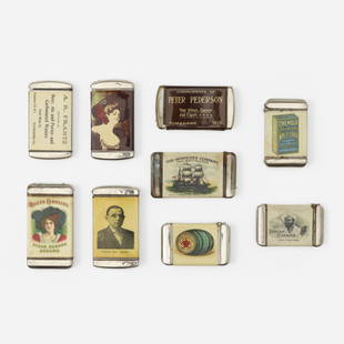 American, Collection of advertisement match safes: American Collection of nine advertisement match safes / vestas c. 1905 chrome-plated steel, celluloid largest: 2.875 h x 1.5 w in (7 x 4 cm) smallest: 2.25 h x 1.375 w in (6 x 3 cm) Collection