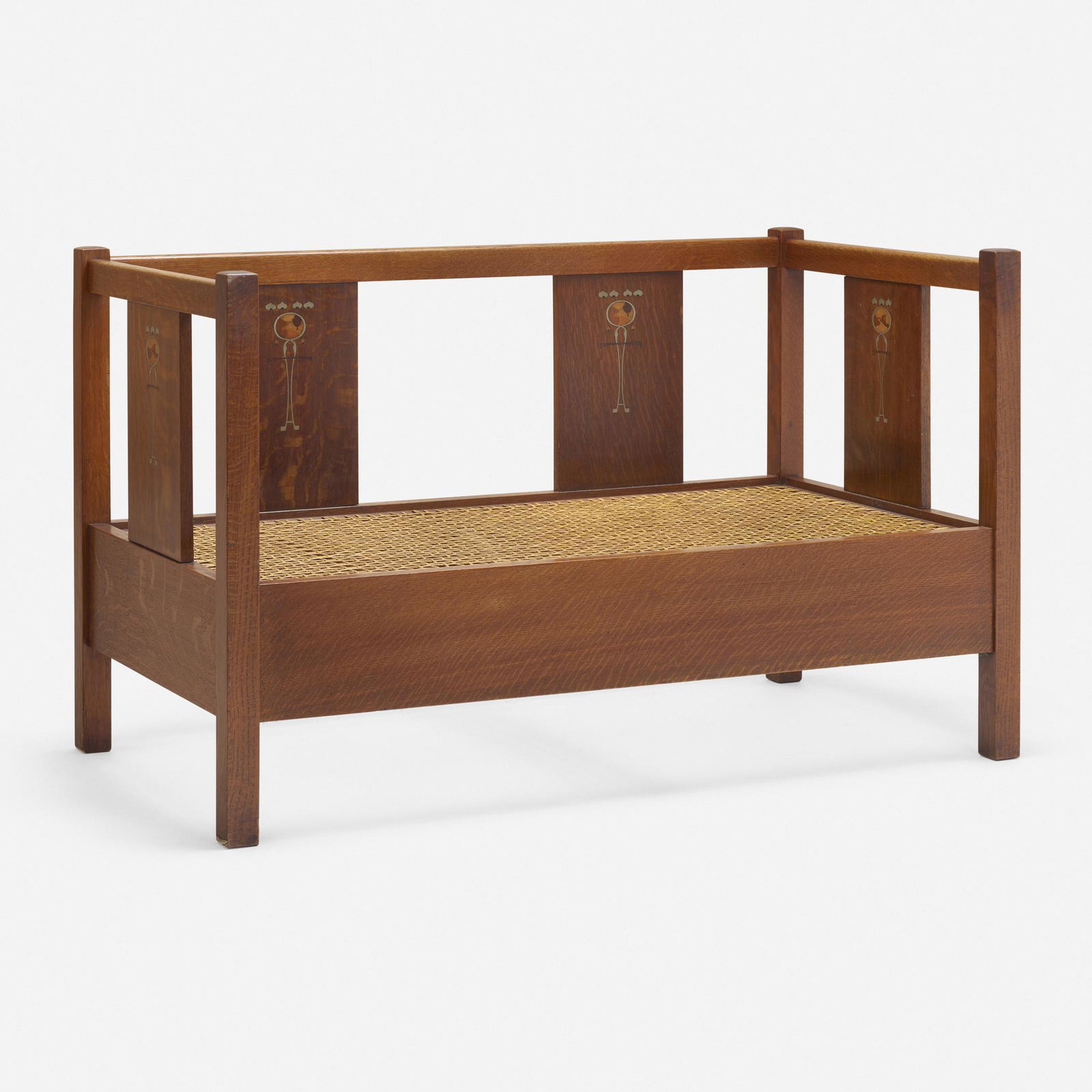 Ellis/Warner for Stickley, Rare Inlaid settle: Harvey Ellis or LaMont A. Warner for Gustav Stickley Rare and Important inlaid settle, model 214 USA, c. 1903oak, fruitwood, copper and pewter inlay, upholstery 30.5 h x 50 w x 27 d in (77 x 127 x 69