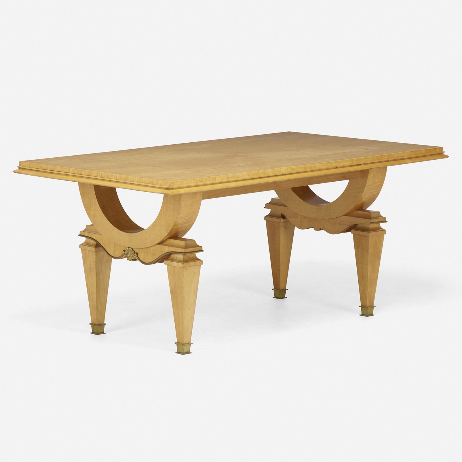 Andre Arbus, attribution, Dining table: Andre Arbus, attribution Dining table France, c. 1935curly maple, mahogany inlay, brass 28.75 h x 64.75 w x 37.75 d in (73 x 164 x 96 cm) This work will ship from Lambertville, Ne