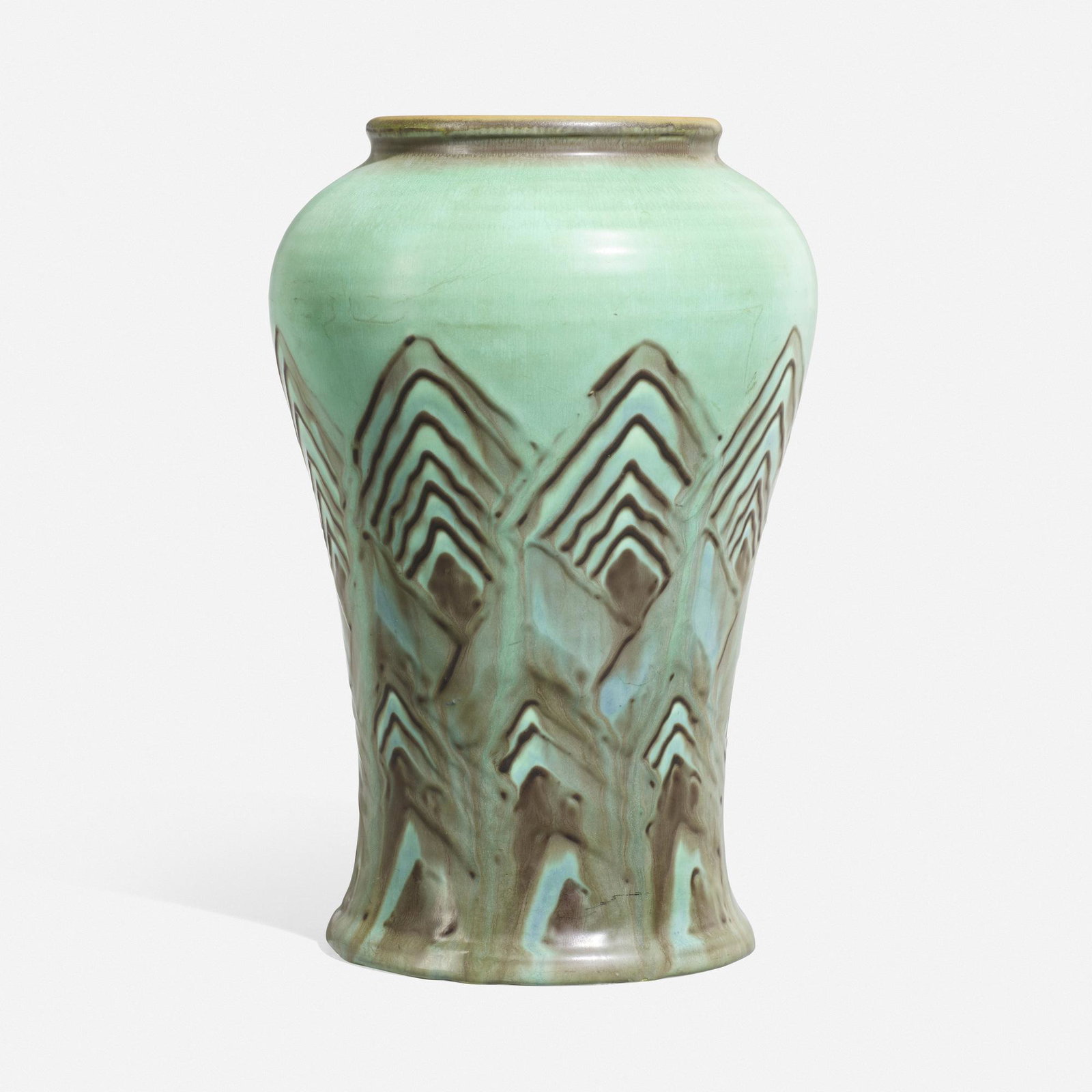 Barrett for Rookwood, Later Art Deco vase: Elizabeth Barrett for Rookwood Pottery Later Mat/Mat Moderne vase with Art Deco geometric patterns USA, 1930glazed porcelain with squeeze-bag decoration 9.5 h x 6 dia in (24 x 15 cm) Impressed