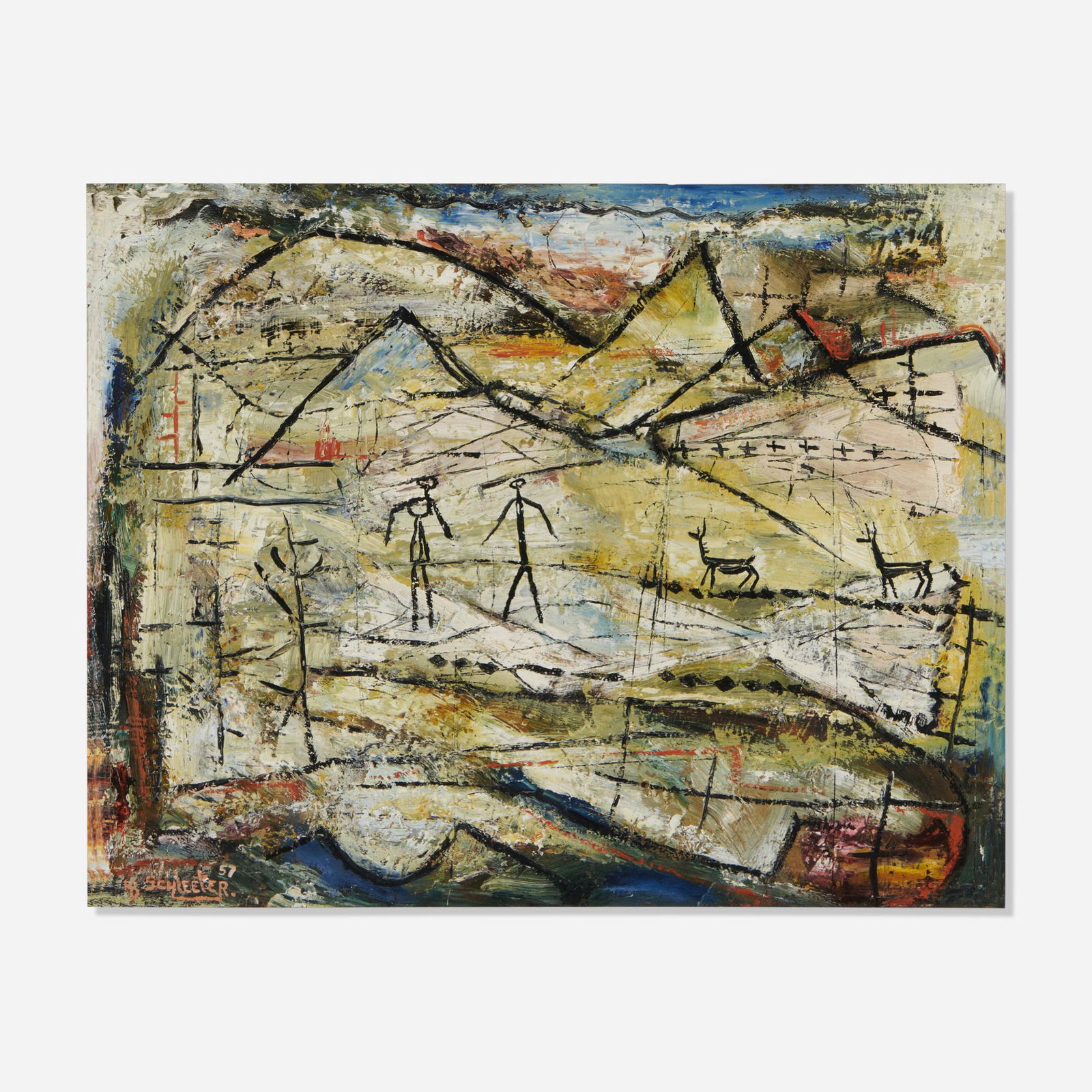 Howard Schleeter, Encounter: Howard Schleeter Encounter 1957oil on Masonite 16 h x 20.125 w in (41 x 51 cm) Signed and dated to lower left 'H.B. Schleeter 57'. Signed, titled, dated and inscribed to verso '242 Oil Series