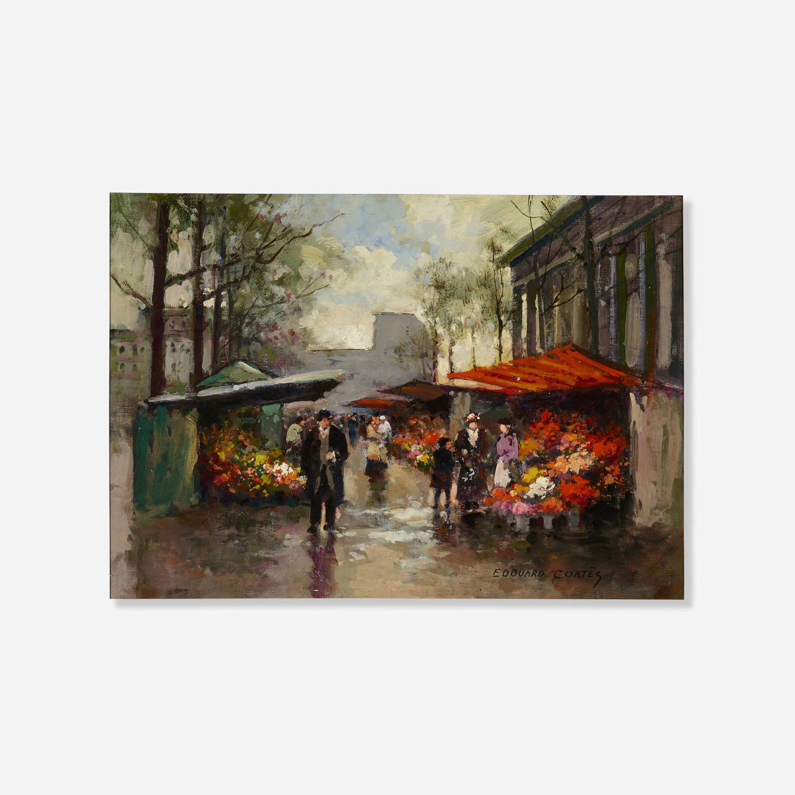 Edouard Leon Cortes, Le marche aux fleurs: Edouard Leon Cortes Le marche aux fleurs, La Madeleine c. 1960oil on canvas 14 h x 19.25 w in (36 x 49 cm) Signed to lower right 'Edouard Cortes'. This work will be included in the Virtual Cat