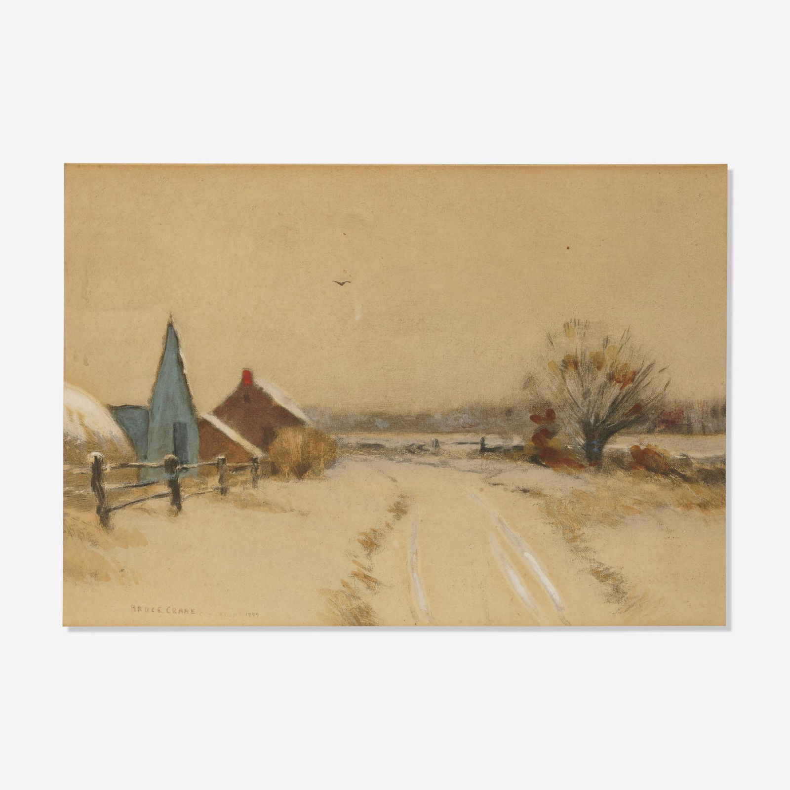 Bruce Crane, Winter Village: Bruce Crane Winter Village 1899pastel and gouache on paper sight: 9.5 h x 13.75 w in (24 x 35 cm) Signed and dated to lower left 'Bruce Crane Copyright 1899'. Provenance: