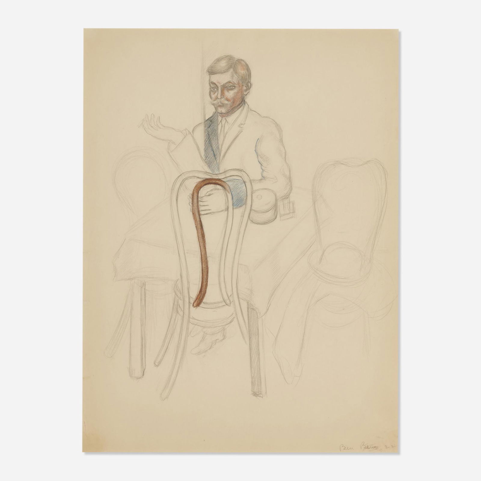 Ben Benn, Smoking Man at Table: Ben Benn Smoking Man at Table 1922graphite and pastel on paper sight: 19.375 h x 14.375 w in (49 x 37 cm) Signed and dated to lower right 'Ben Benn 22'. Provenance: Jam