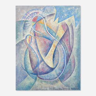 Dorothy Morang, Poised Shapes: Dorothy Morang Poised Shapes (Madonna, Mother and Child) 1953 oil on canvas 29.875 h x 23.125 w in (76 x 59 cm) Signed and dated to lower right '53 Dorothy Morang'. Signed and titled to frame and