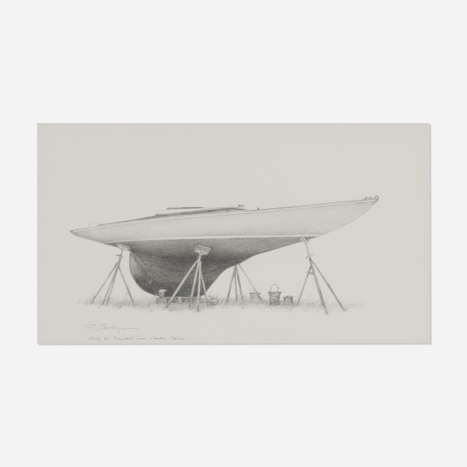 Peter Sculthorpe, Study for Finn Boat: Peter Sculthorpe Study for Finn Boat C'amden Maine graphite on paper sight: 6.875 h x 12.375 w in (17 x 31 cm) Signed and titled to lower left 'P. Sculthorpe Study for Finn boat C'amden Maine'.