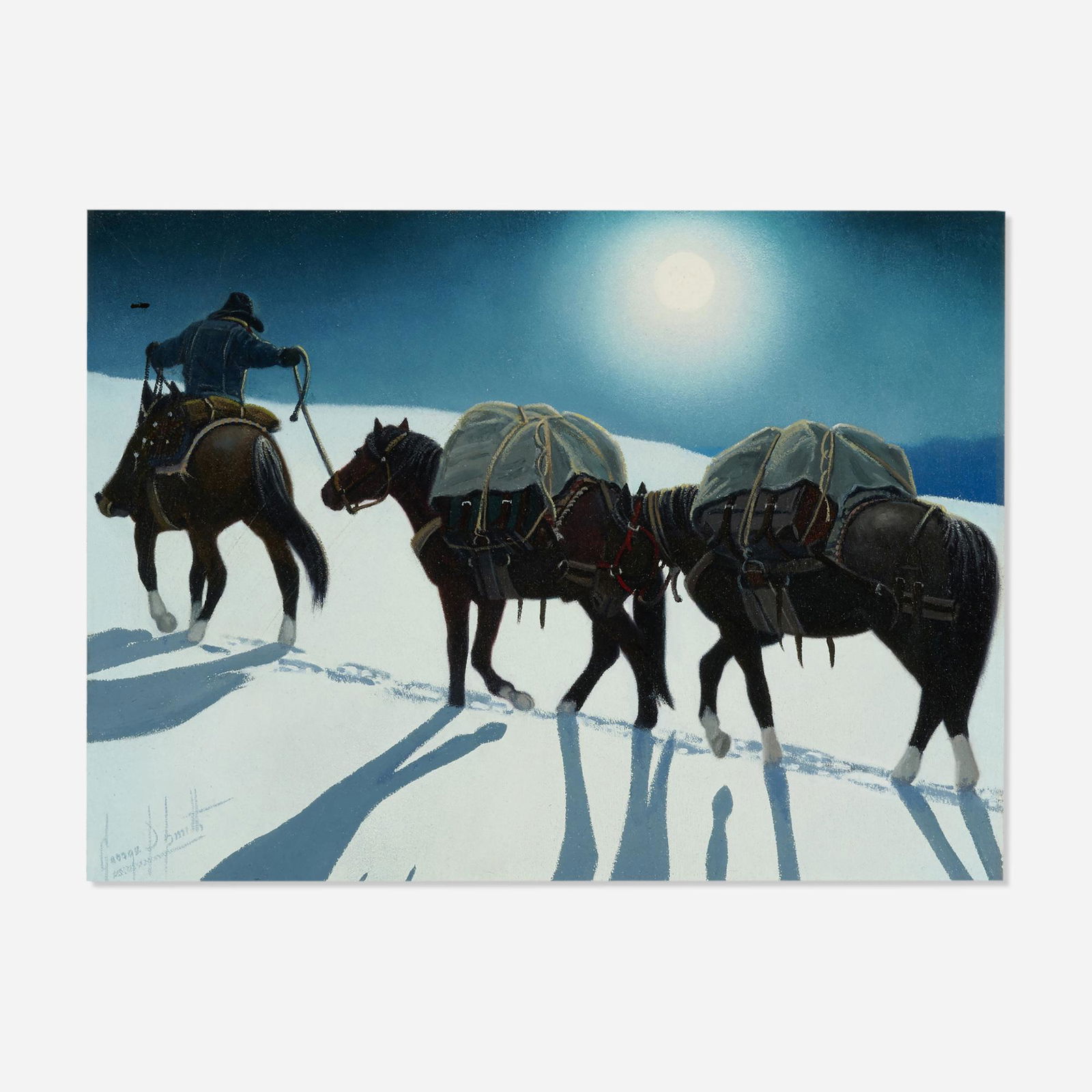 George D. Smith, Moonlight Packer: George D. Smith Moonlight Packer 1997oil on Masonite 8.75 h x 11.875 w in (22 x 30 cm) Signed to lower left 'George Smith'. Signed, titled and dated to verso 'Moonlight packer 1997 George Smit