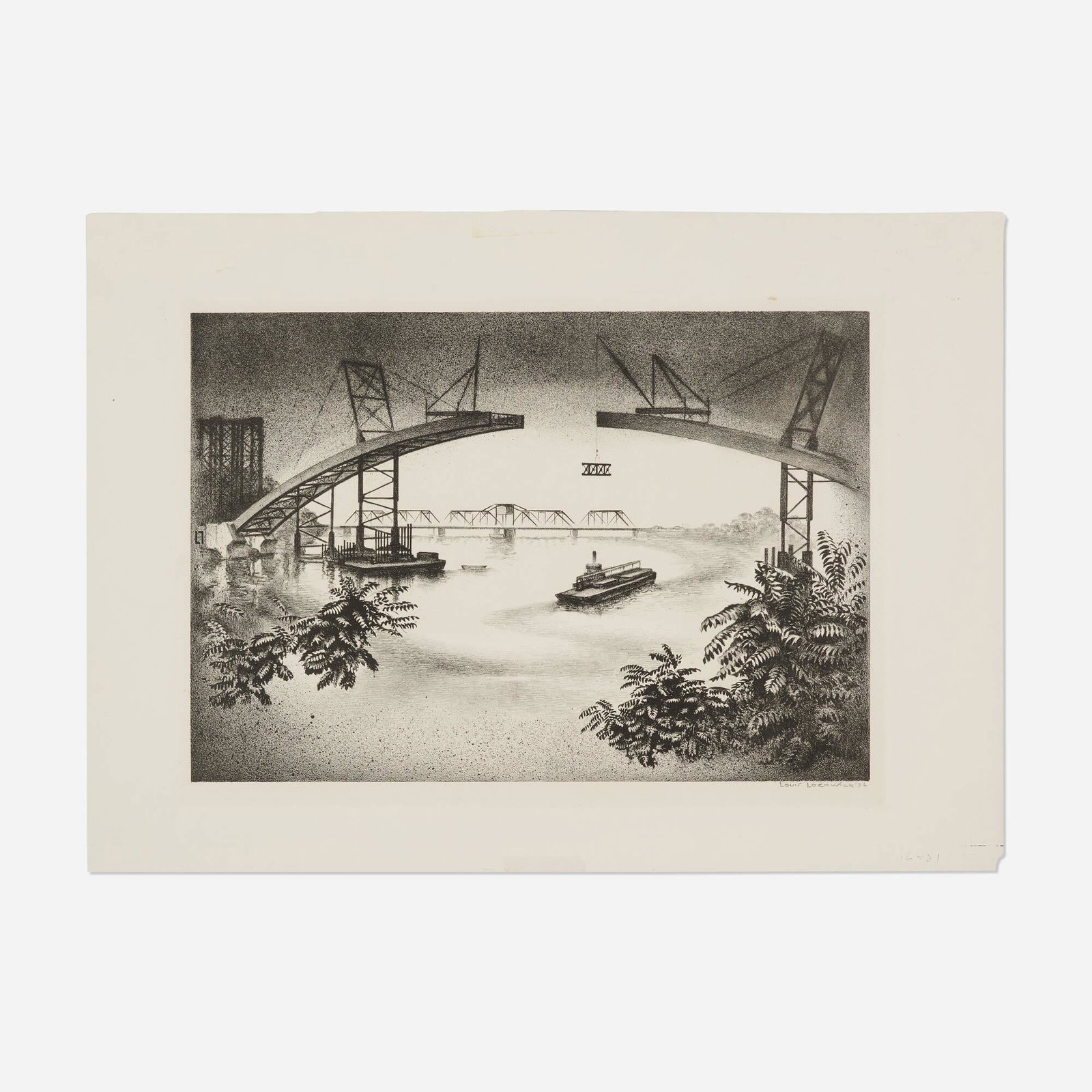 Louis Lozowick, Spanning the Hudson: Louis Lozowick Spanning the Hudson (New Hudson Bridge) 1936 / 1972 lithograph image: 9.125 h x 13.125 w in (23 x 33 cm) sheet: 12.875 h x 17.875 w in (33 x 45 cm) Signed and dated to lower r