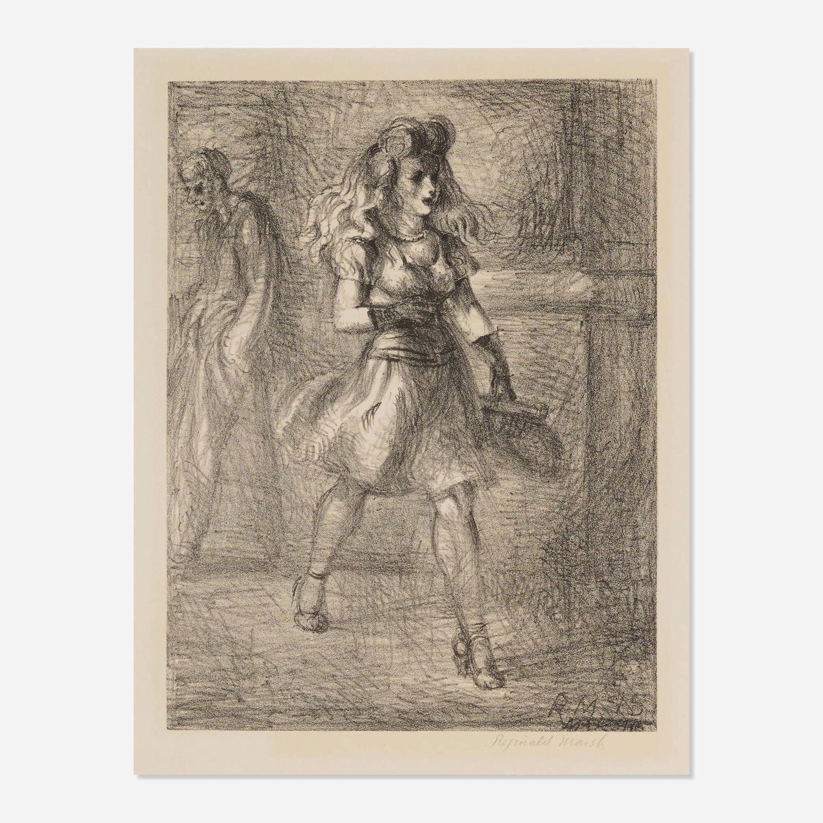Reginald Marsh, Girl Walking (Elevated): Reginald Marsh Girl Walking (Elevated) 1945lithograph sight: 12 h x 9 w in (30 x 23 cm) Signed to lower right 'Reginald Marsh'. This work is from the edition of 250 published by Associated Ame