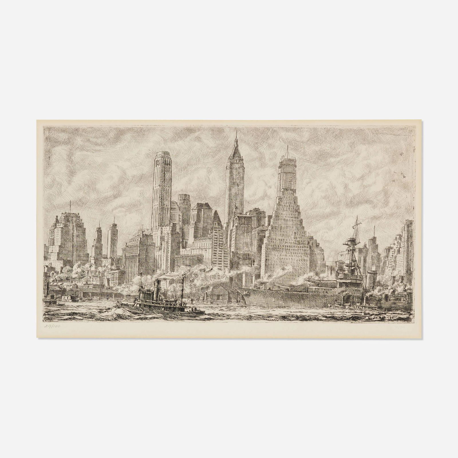 Reginald Marsh, Skyline From Pier 10, Brooklyn: Reginald Marsh Skyline From Pier 10, Brooklyn 1931 / 1970etching image: 6.25 h x 11.875 w in (16 x 30 cm) sheet: 12.125 h x 15.875 w in (31 x 40 cm) Numbered to lower left '29/100'. This wo