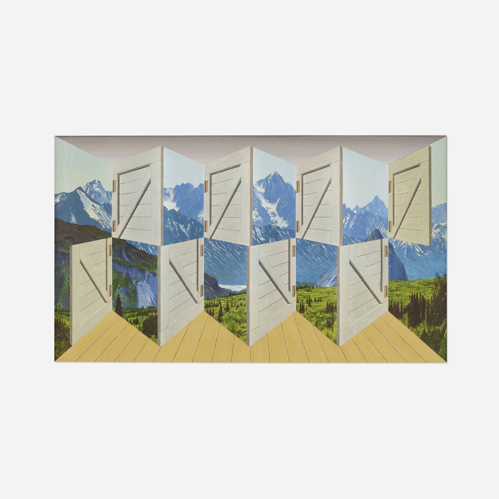 Patrick Hughes, Indoors: Patrick Hughes Indoors 2000three-dimensional lithographic construction with hand-coloring in Plexiglas box 22 h x 34 w x 6.875 d in (56 x 86 x 17 cm) Signed and numbered to lower edge 'Proof P