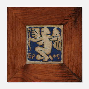 Grueby Faience Company, Eros tile with cupid: Grueby Faience Company Eros tile with cupid USA glazed earthenware 6 h x 6 w in (15 x 15 cm) This work will ship from Wright in Chicago, Illinois.