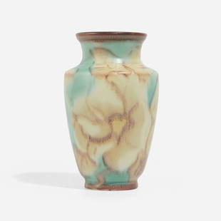 Jens Jensen for Rookwood, Double Vellum vase: Jens Jensen for Rookwood Pottery Decorated Mat/Double Vellum vase with magnolia blossoms USA, 1934glazed porcelain 6.25 h x 3.75 dia in (16 x 10 cm) Vase features Nubian Black glaze to