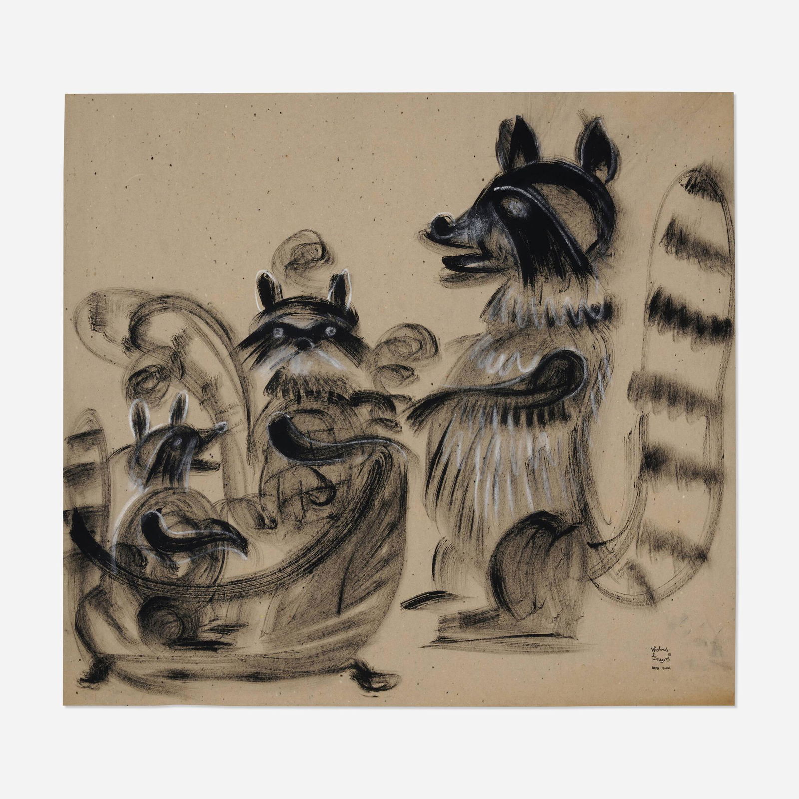 Waylande Gregory, Raccoon Family: Waylande Gregory Raccoon Family pastel on paper 34 h x 37.25 w in (86 x 95 cm) Artist's stamp to lower right. This work will ship from Rago in Lambertville, New Jersey.