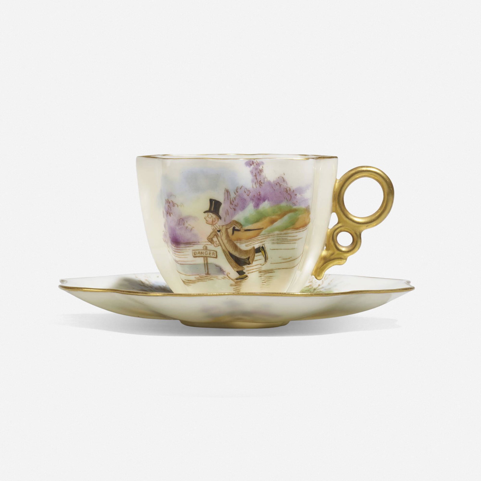 Palmer Cox, Demitasse cup and saucer, Brownies: Palmer Cox Demitasse cup and saucer with the Brownies Ceramic Arts CompanyCanada, 1889-1906glazed and gilt porcelain cup: 1.75 h x 2.75 w x 2.25 d in (4 x 7 x 6 cm) saucer: .5 h x 4 dia in (