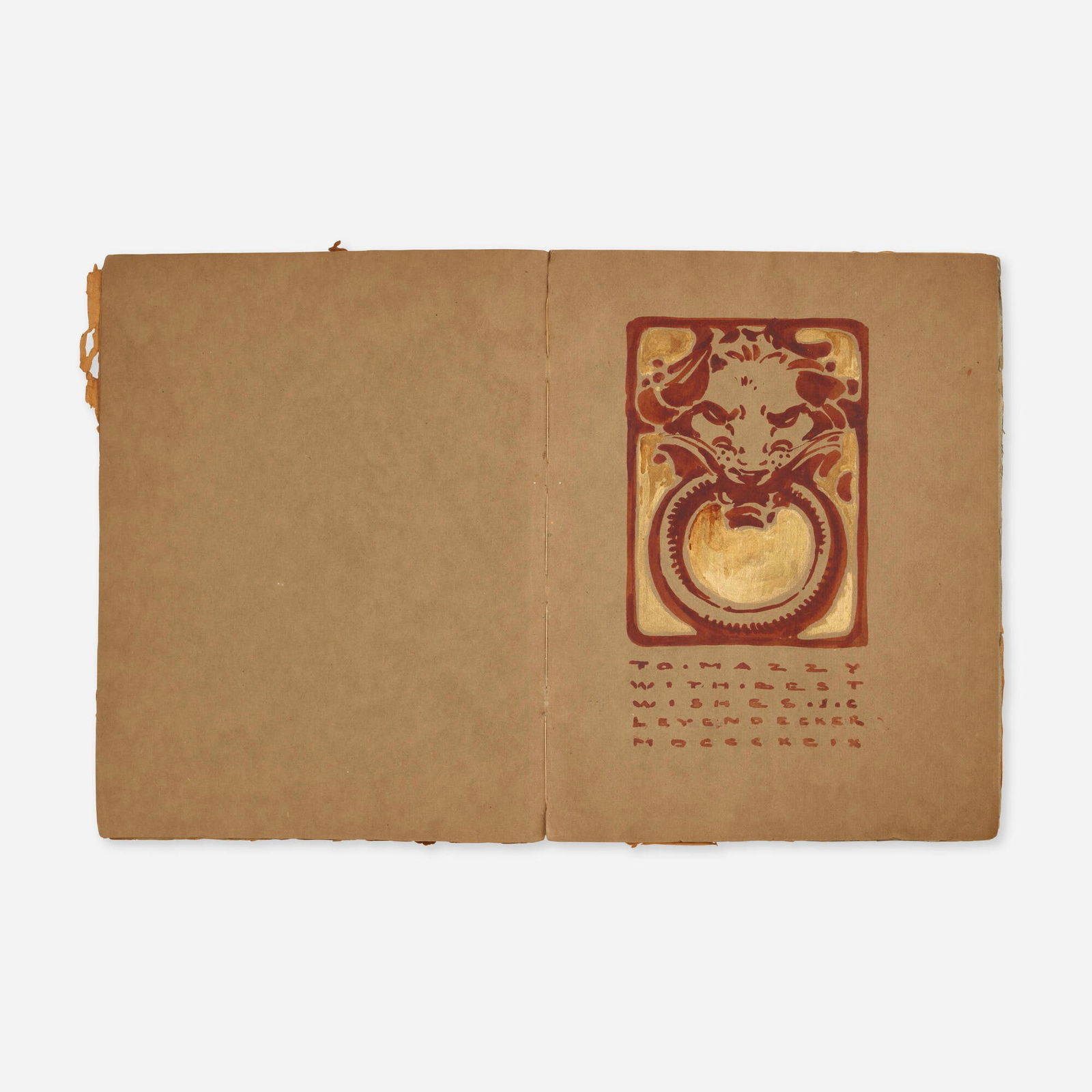 Important sketchbook dedicated to L. Mazzanovich: William Wallace Denslow and Francis and J.C. Leyendecker Important sketchbook dedicated to Lawrence (Mazzy) Mazzanovich 1899suede leather, paper, ink, watercolor and graphite on paper, ribbon 12 h x