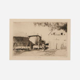 Daniel Garber, Farm Yard: Daniel Garber Farm Yard 1939 etching image: 5.625 h x 8.875 w in (14 x 23 cm) sight: 6.75 h x 9.875 w in (17 x 25 cm) Signed and titled to lower edge 'D.G. Imp. Farm Yard Daniel Garber'. This work