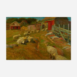 John Austin Sands Monks, Sheep in Barnyard: John Austin Sands Monks Sheep in Barnyard oil on canvas 20 h x 30 w in (51 x 76 cm) Signed to lower left 'J.A.S. Monks'. Provenance: Estate of Toni Schulman