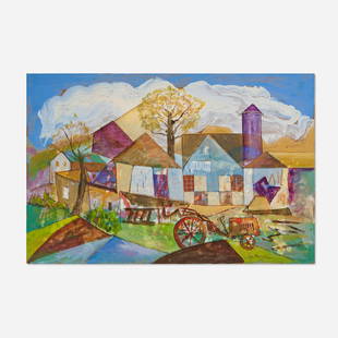 Joseph Meierhans, Village Scene: Joseph Meierhans Village Scene oil on Masonite 31.875 h x 47.875 w in (81 x 122 cm) Signed to lower right 'Joseph Meierhans'. This work will ship from Lambertville, New Jersey.</