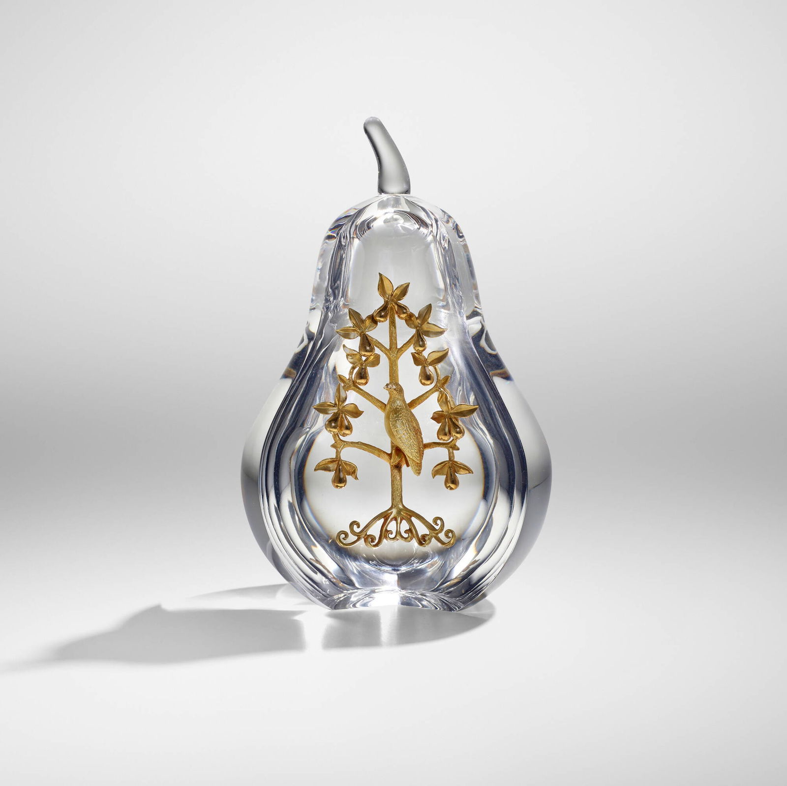 Lloyd Atkins, Steuben, Partridge in a Pear Tree: Lloyd Atkins for Steuben Partridge in a Pear Tree USA, c. 1968lead glass, 18k gold vermeil 5.625 h x 3.5 w x 3 d in (14 x 9 x 8 cm) Etched manufacturer's mark to glass 'Steuben' and to gold '1