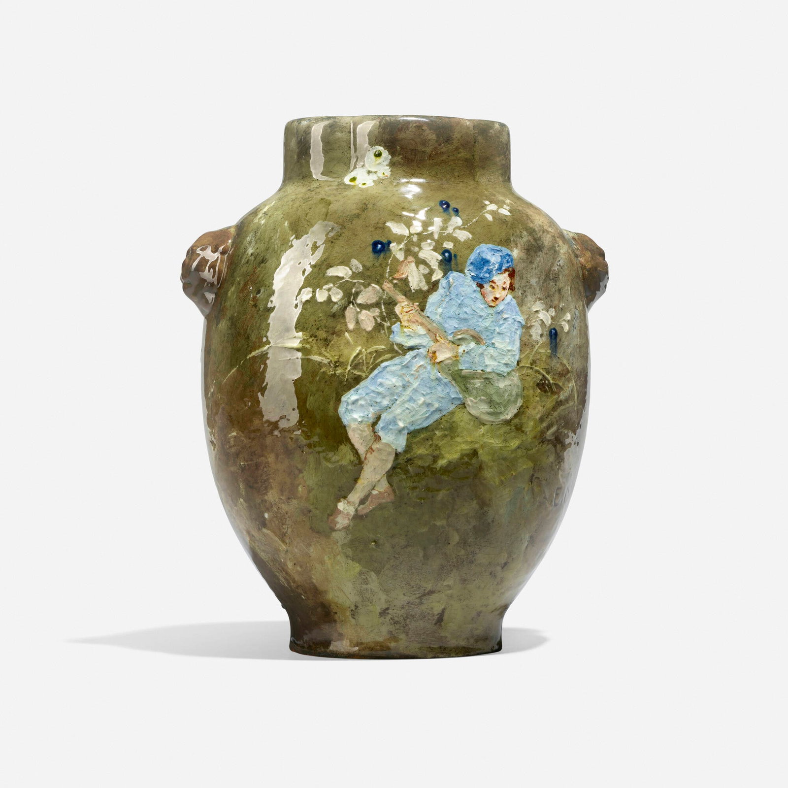 Edouard-Alexandre Dammouse for Haviland, Vase: Edouard-Alexandre Dammouse for Haviland & Co. Vase with guitar player and fruiting branches France, c. 1875glazed earthenware 12.75 h x 10 w x 8 d in (32 x 25 x 20 cm) Impressed manufacturer's