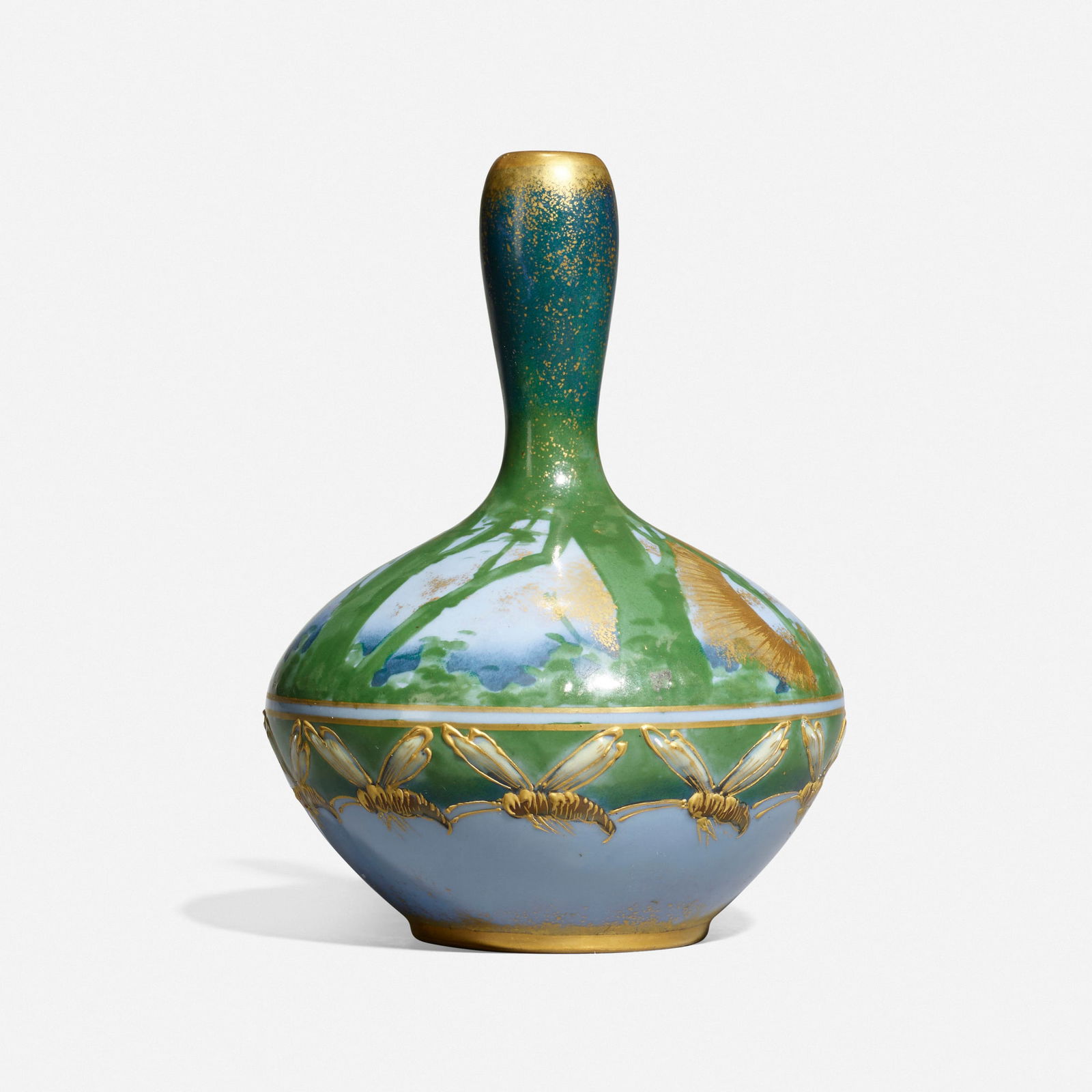 Amphora Forest Sunrise scenic vase with wasps: Riessner, Stellmacher & Kessel Amphora Forest Sunrise scenic vase with wasps Austria, c. 1895glazed, enameled and gilt porcelain 6.125 h x 4.375 dia in (16 x 11 cm) Ink-stamped manufacturer's