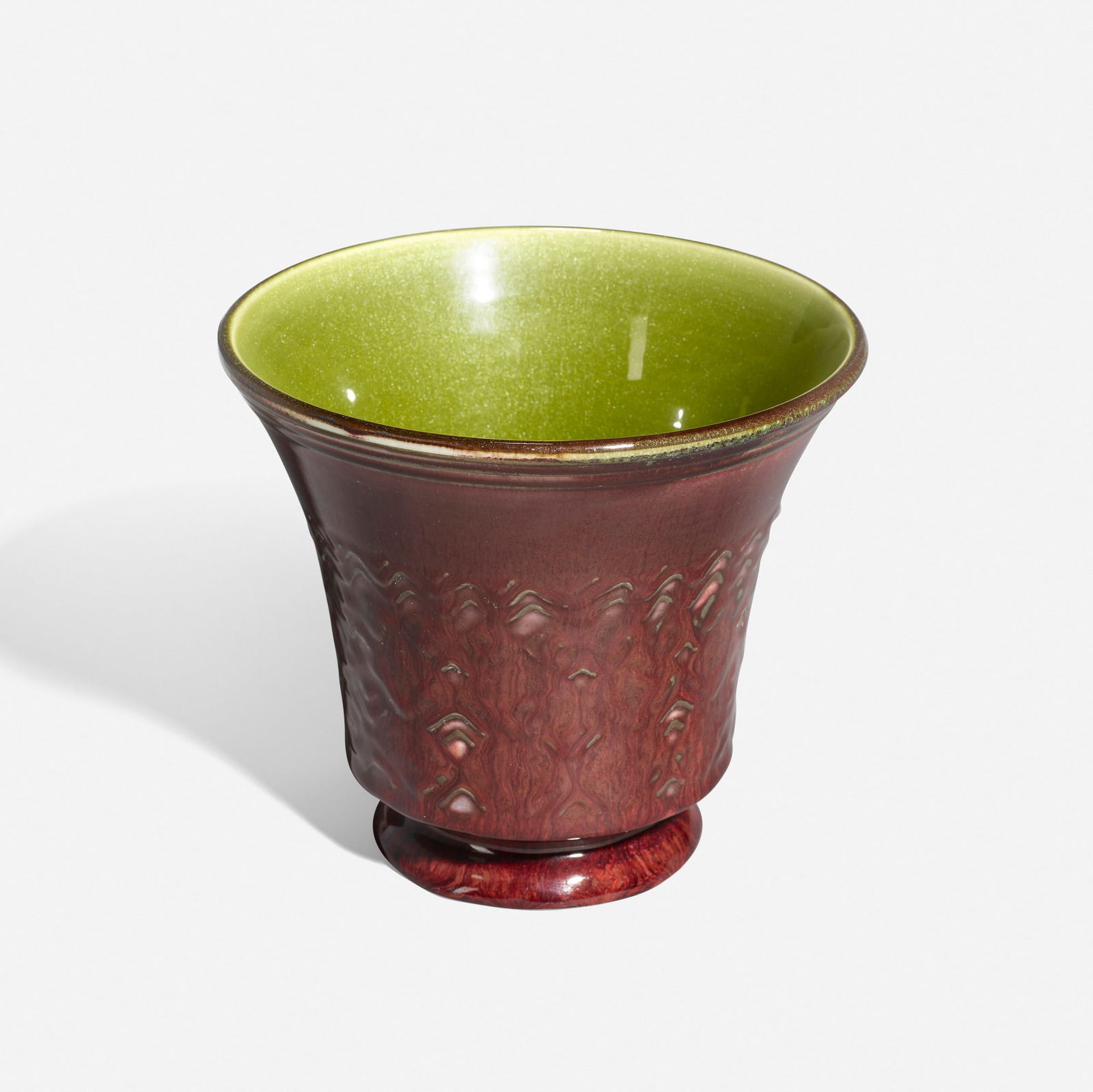 Elizabeth Barrett, Rare Oxblood & Aventurine vase: Elizabeth Barrett for Rookwood Pottery Rare Oxblood and Aventurine Glaze vase USA, 1931carved and glazed porcelain 6.5 h x 7.375 dia in (17 x 19 cm) Both Oxblood and Aventurine a