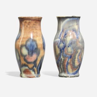 Jens Jensen, Rookwood, Decorated Porcelain vases: Jens Jensen for Rookwood Pottery Decorated Porcelain vases with stylized flowers, pair USA, 1931glazed porcelain each: 4.5 h x 2.25 dia in (11 x 6 cm) Each vase features a version of Rookwood'