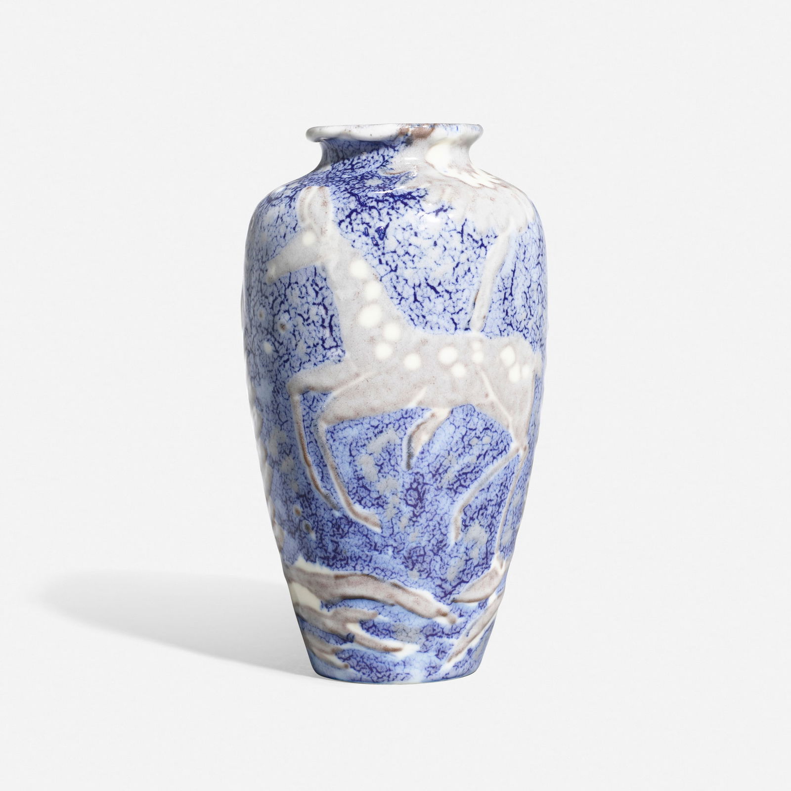 Elizabeth Barrett for Rookwood, Wax Mat vase: Elizabeth Barrett for Rookwood Pottery Fine Wax Mat vase with spotted deer, conifers and exotic flowers USA, 1943glazed porcelain 8.125 h x 4.5 dia in (21 x 11 cm) The present lot is a late ex