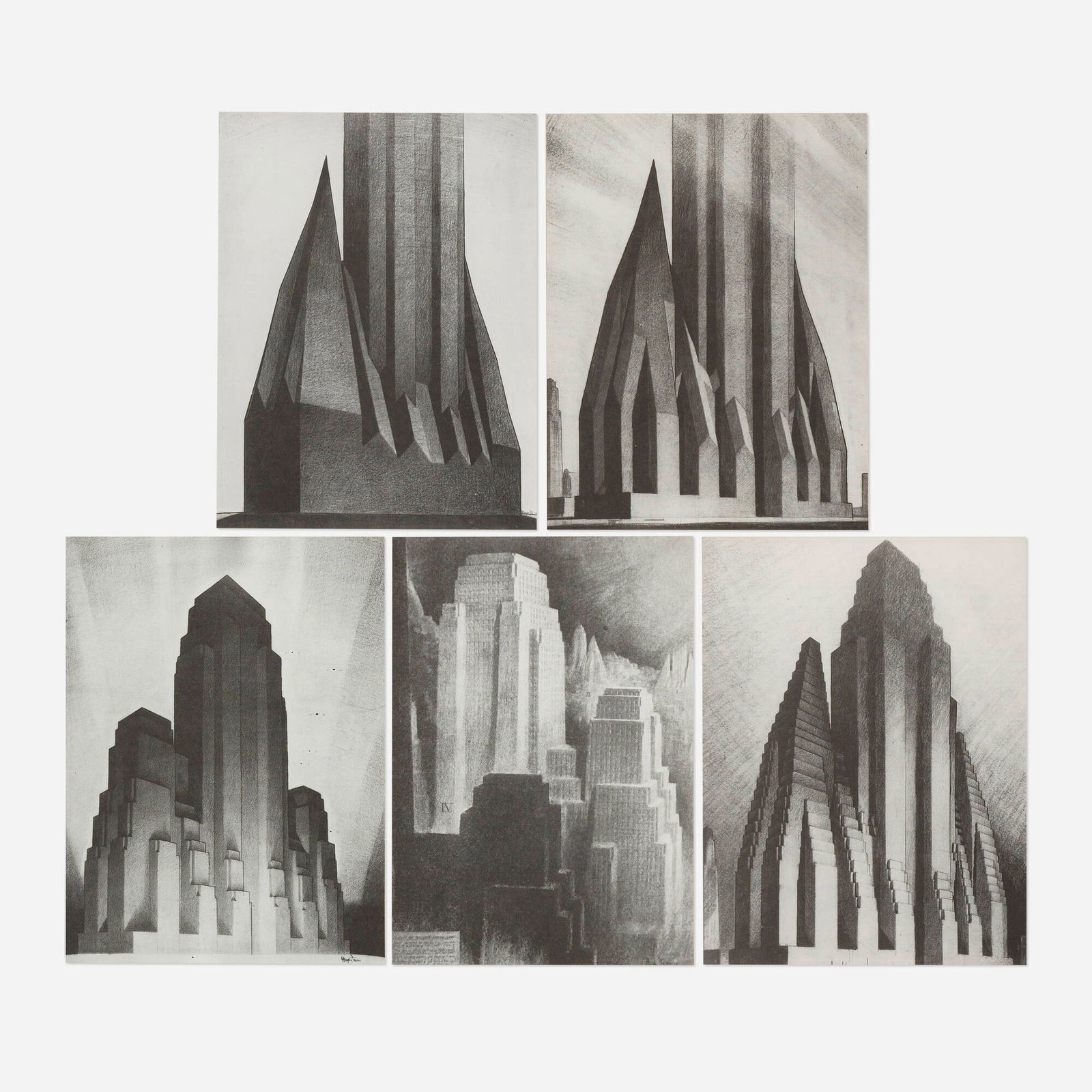 Hugh Ferriss, Five works: Hugh Ferriss Five works from the Metropolis of Tomorrow 1929 / printed lateroffset lithograph sight: 8.24 h x 6.25 w in (21 x 16 cm) Lot includes four works illustrating the Evolution of th