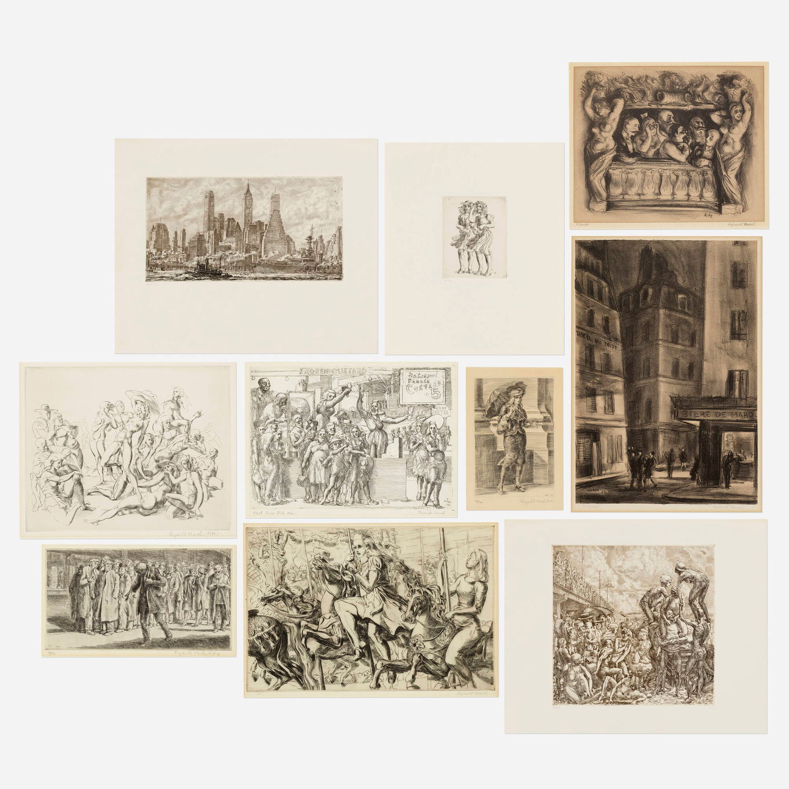 Reginald Marsh, Ten works: Reginald Marsh Ten works etching, lithograph on Chine applique largest sight: 13.125 h x 9 w in (33 x 23 cm) smallest sight: 6.75 h x 4.5 w in (17 x 11 cm) Lot includes:Frozen Custard, 193
