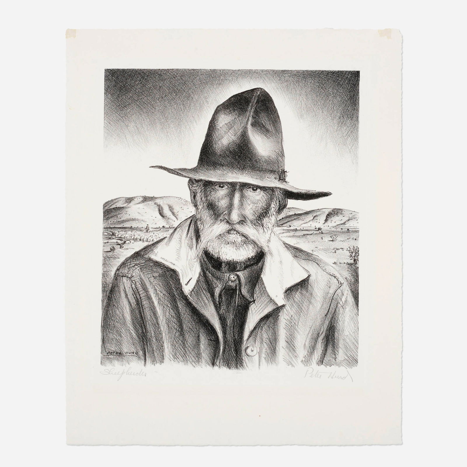 Peter Hurd, Sheep Herder: Peter Hurd Sheep Herder 1937lithograph image: 10.875 h x 9.875 w in (28 x 25 cm) sheet: 15.125 h x 12.25 w in (38 x 31 cm) Signed and titled to lower edge 'Sheep Herder Peter Hurd'. This wo