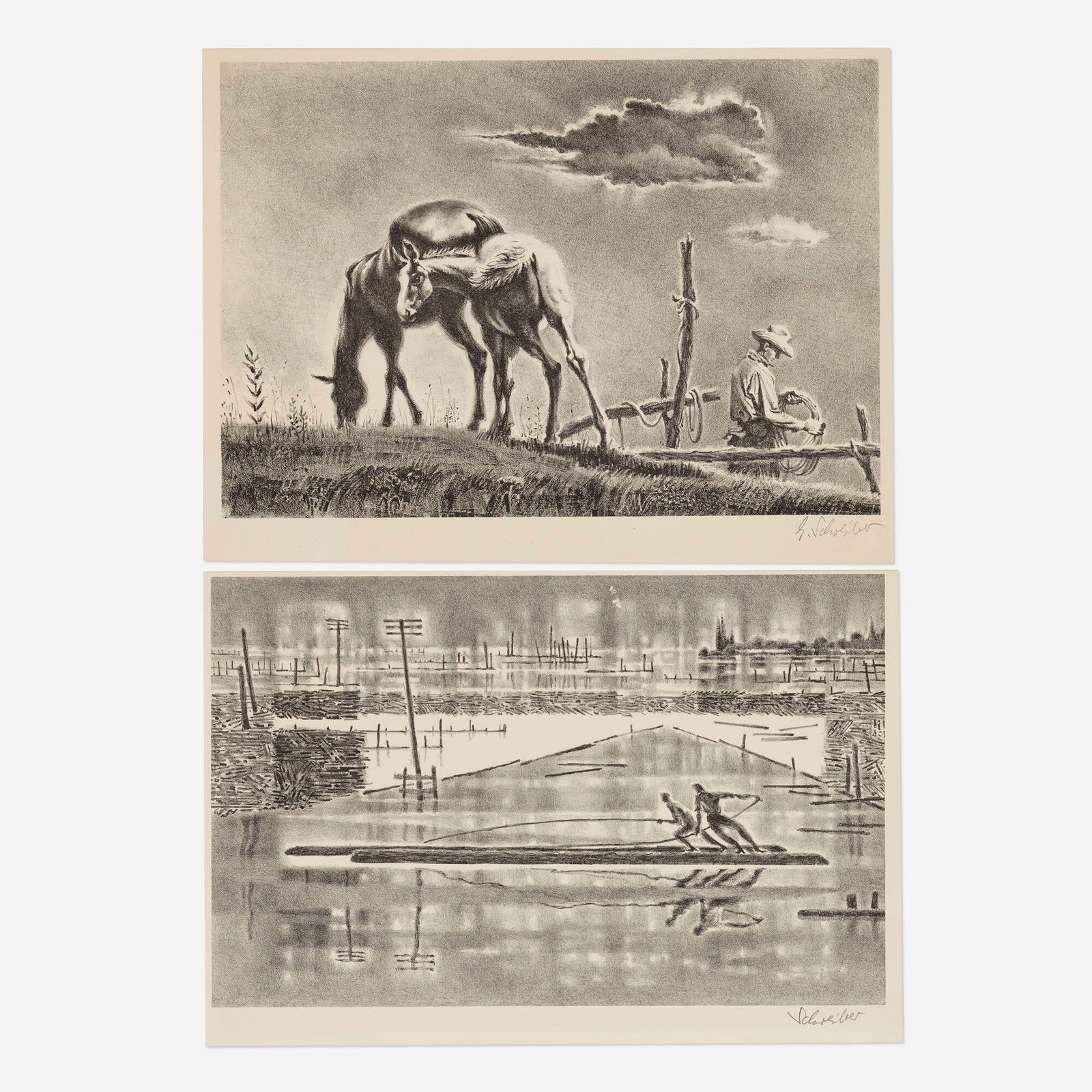 Georges Schreiber, two works: Georges Schreiber Mare and Colt; Loggers at Sunrise (two works) 1952, 1955lithograph 12 h x 16 w in (30 x 41 cm) 12.25 h x 16.25 w in (31 x 41 cm) Signed to lower right of each work 'Schrei