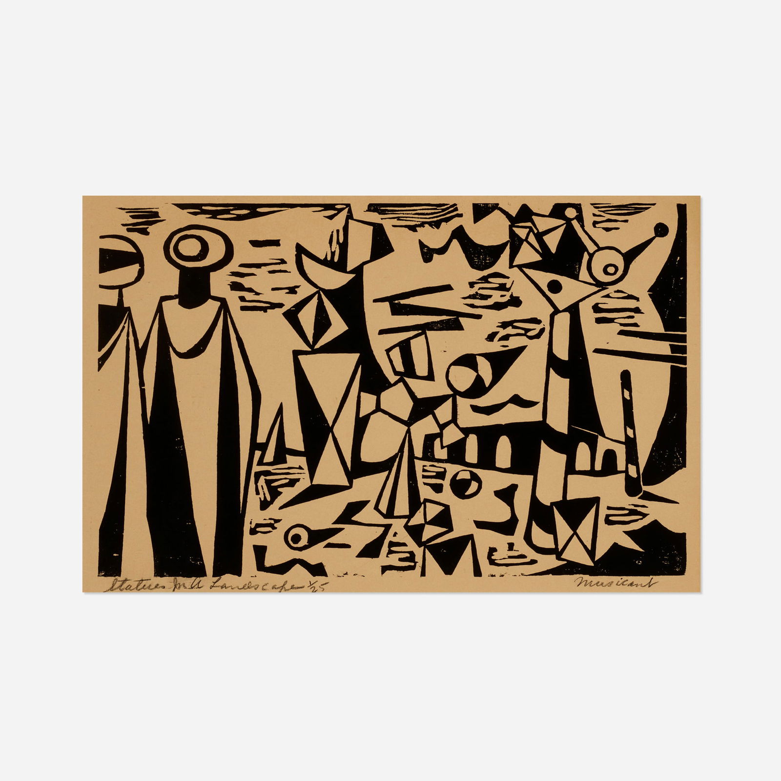 Tobias Musicant, Statues in a Landscape: Tobias Musicant Statues in a Landscape woodcut 14.25 h x 20.75 w in (36 x 53 cm) Signed, titled and numbered to lower edge 'Statues in a Landscape 1/25 Musicant'. This work is number 1 from the edit