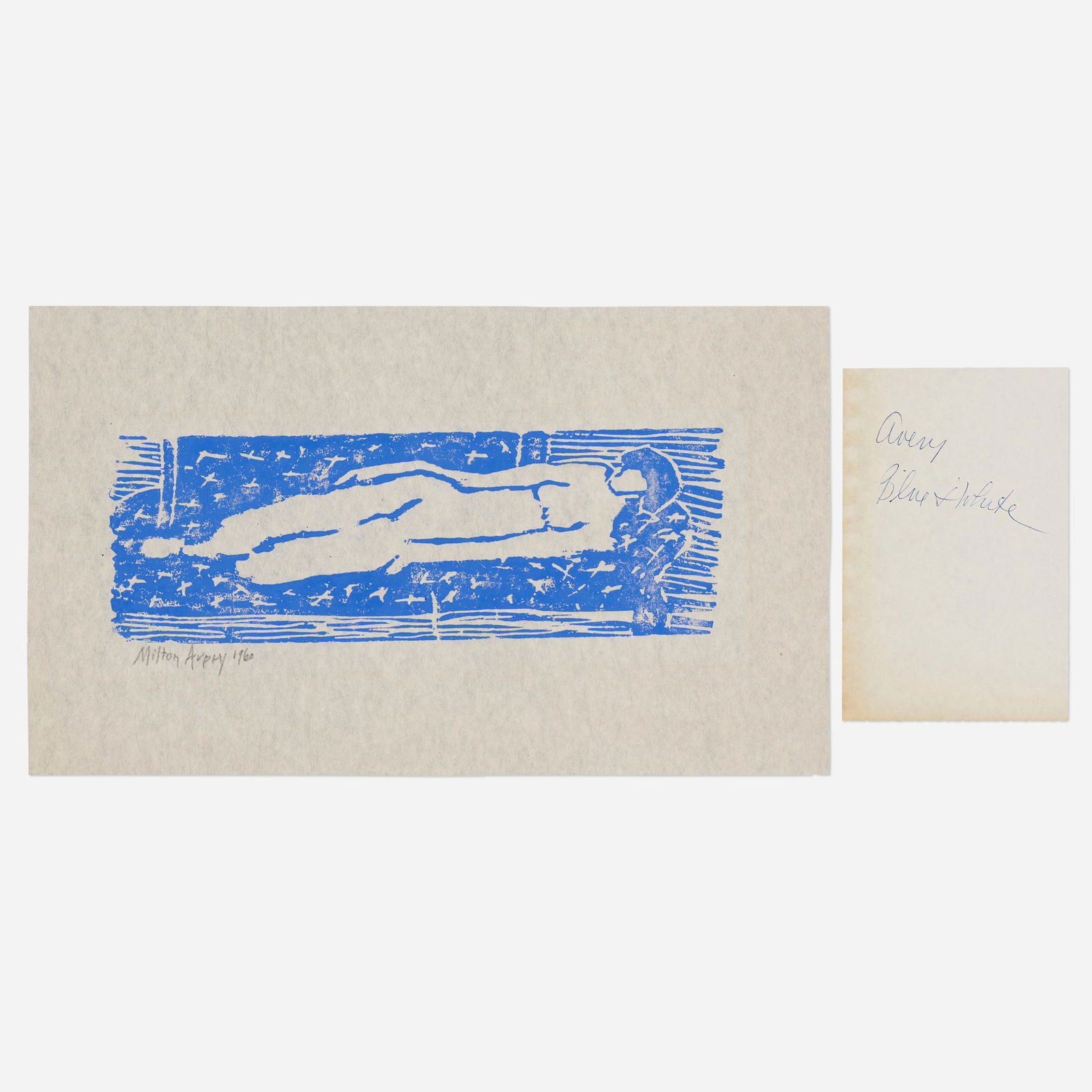 Milton Avery, Nude (Blue + White): Milton Avery Nude (Blue + White) 1960woodcut in color 8.25 h x 14 w in (21 x 36 cm) Signed and dated to lower left 'Milton Avery 1960'. This work is from the unnumbered edition of 500 publishe