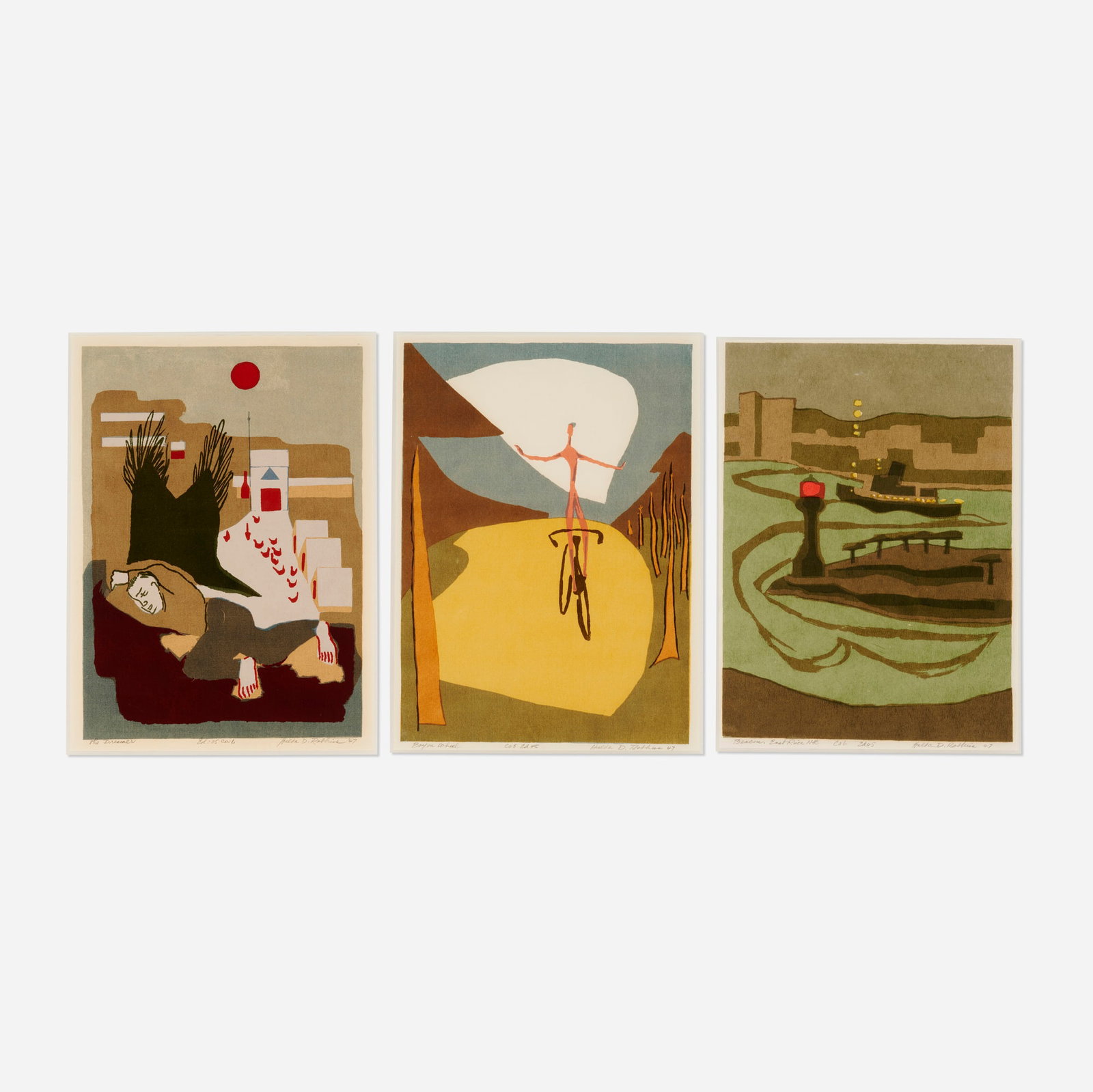 Hulda D. Robbins, Three works: Hulda D. Robbins Boy on Wheel; Beacon, East River, NYC; The Dreamer (three works) 1947 lithograph in colors image (largest): 14.25 h x 10.25 w in (36 x 26 cm) image (smallest): 13.875 h x 9.875 w i