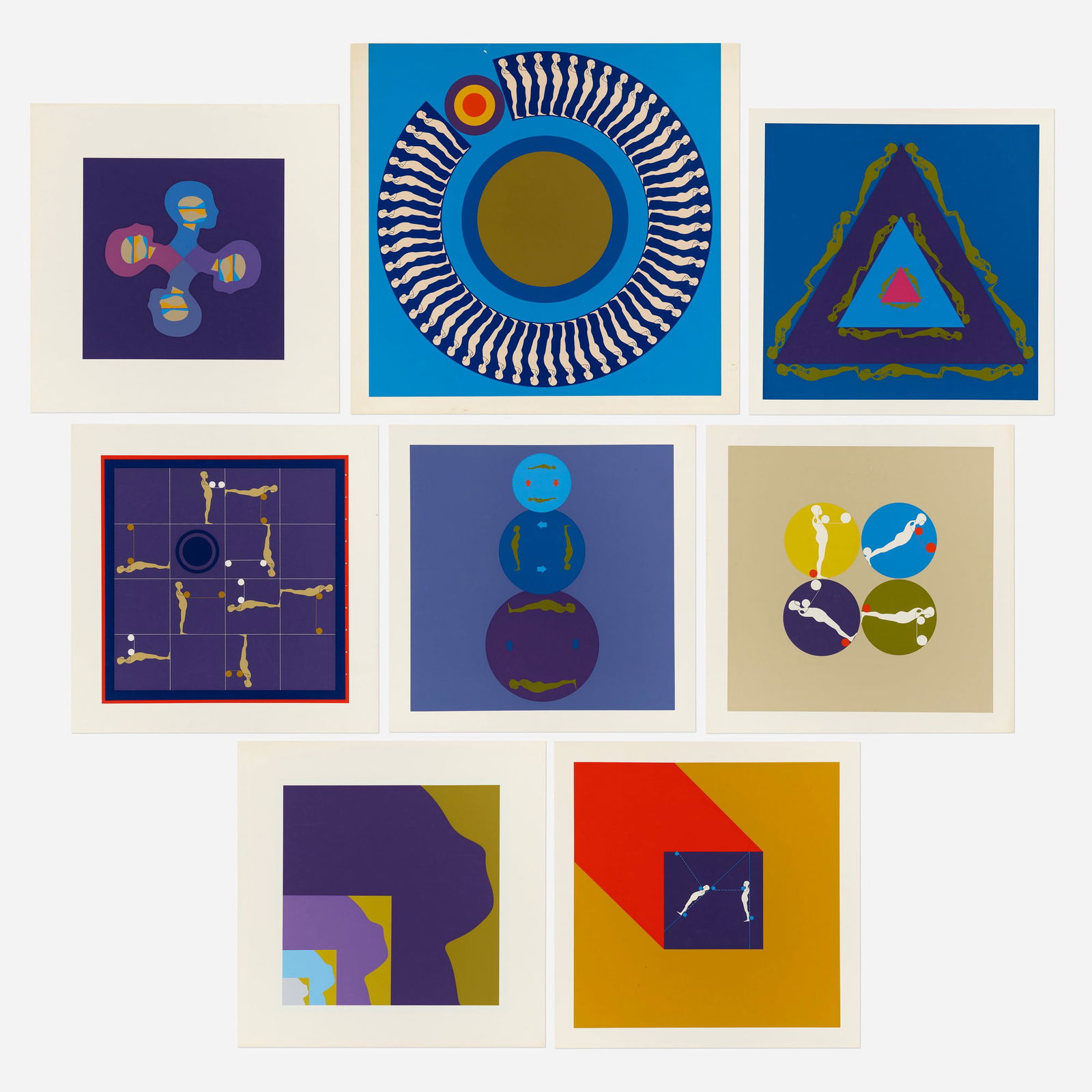 Ernest Trova, Eight works: Ernest Trova Eight works c. 1970screenprint in colors smallest: 28 h x 28 w in (71 x 71 cm) largest: 33.75 h x 35.375 w in (86 x 90 cm) Signed, dated and numbered to lower right of one work