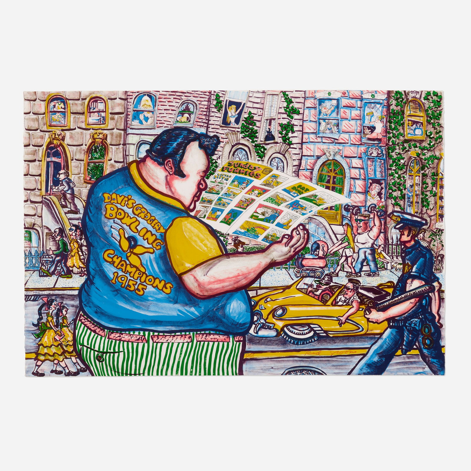 Red Grooms, Sunday Funnies: Red Grooms Sunday Funnies 1985 lithograph and photolithograph in colors on BFK Rives 30 h x 44.25 w in (76 x 112 cm) Signed and numbered to lower right '57/125 Red Grooms'. This work is number