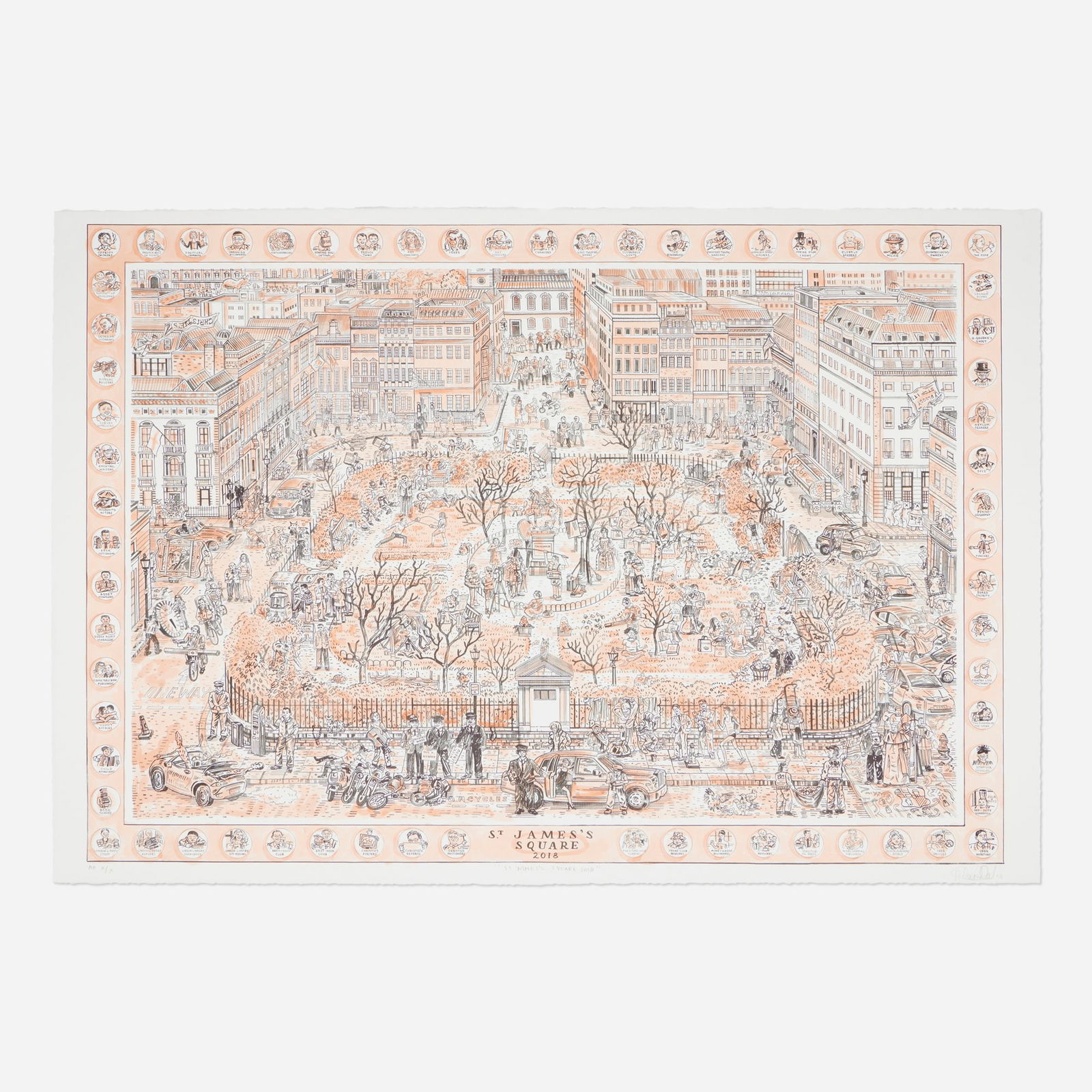 Adam Dant, St. James Square: Adam Dant St. James Square 2018lithograph with hand-coloring on Somerset image: 28.375 h x 40.625 w in (72 x 103 cm) sheet: 30 h x 43.875 w in (76 x 111 cm) Signed, titled, dated and number