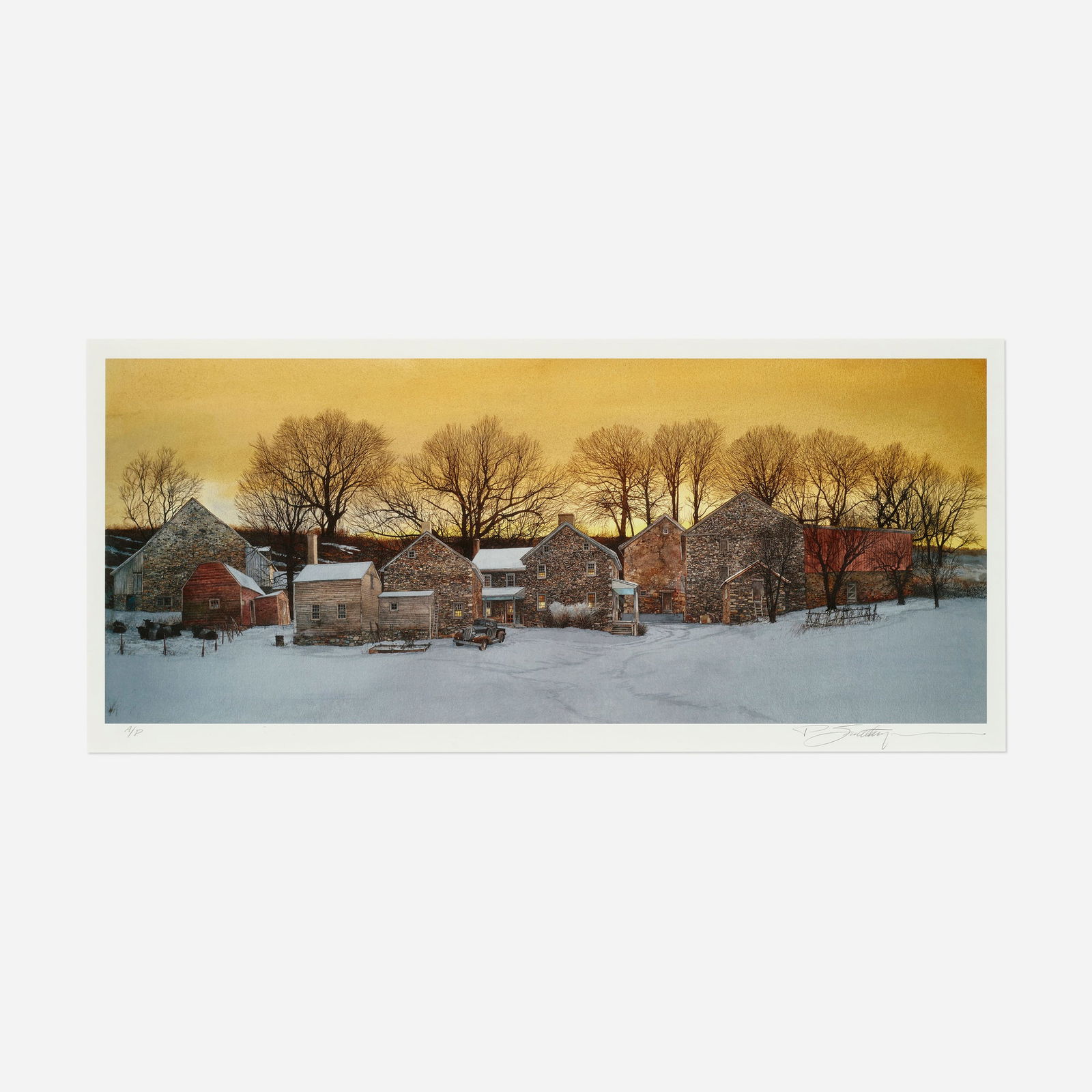 Peter Sculthorpe, Farm at Sunset: Peter Sculthorpe Farm at Sunset offset lithograph in colors image: 8.25 h x 19.875 w in (21 x 50 cm) sheet: 10 h x 21.5 w in (25 x 55 cm) Signed and numbered to lower edge 'A.P. P. Sculthorpe'. T