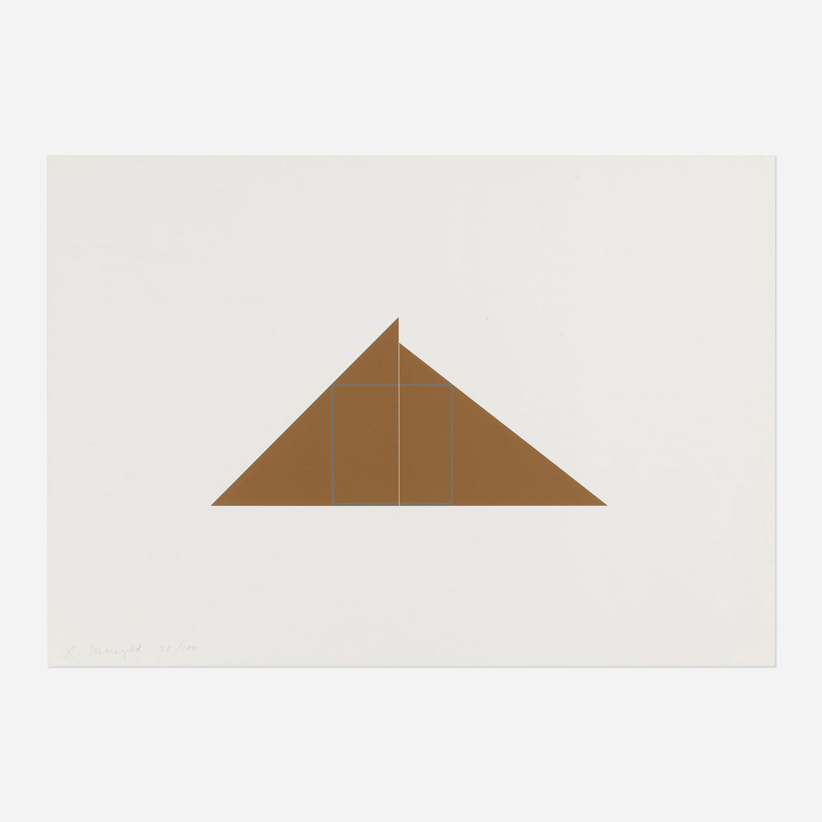 Robert Mangold, A Square with Two Triangles: Robert Mangold A Square with Two Triangles 1977screenprint in colors 16.5 h x 23.375 w in (42 x 59 cm) Signed and numbered to lower left 'R. Mangold 91/100'. This work is number 91 from the ed