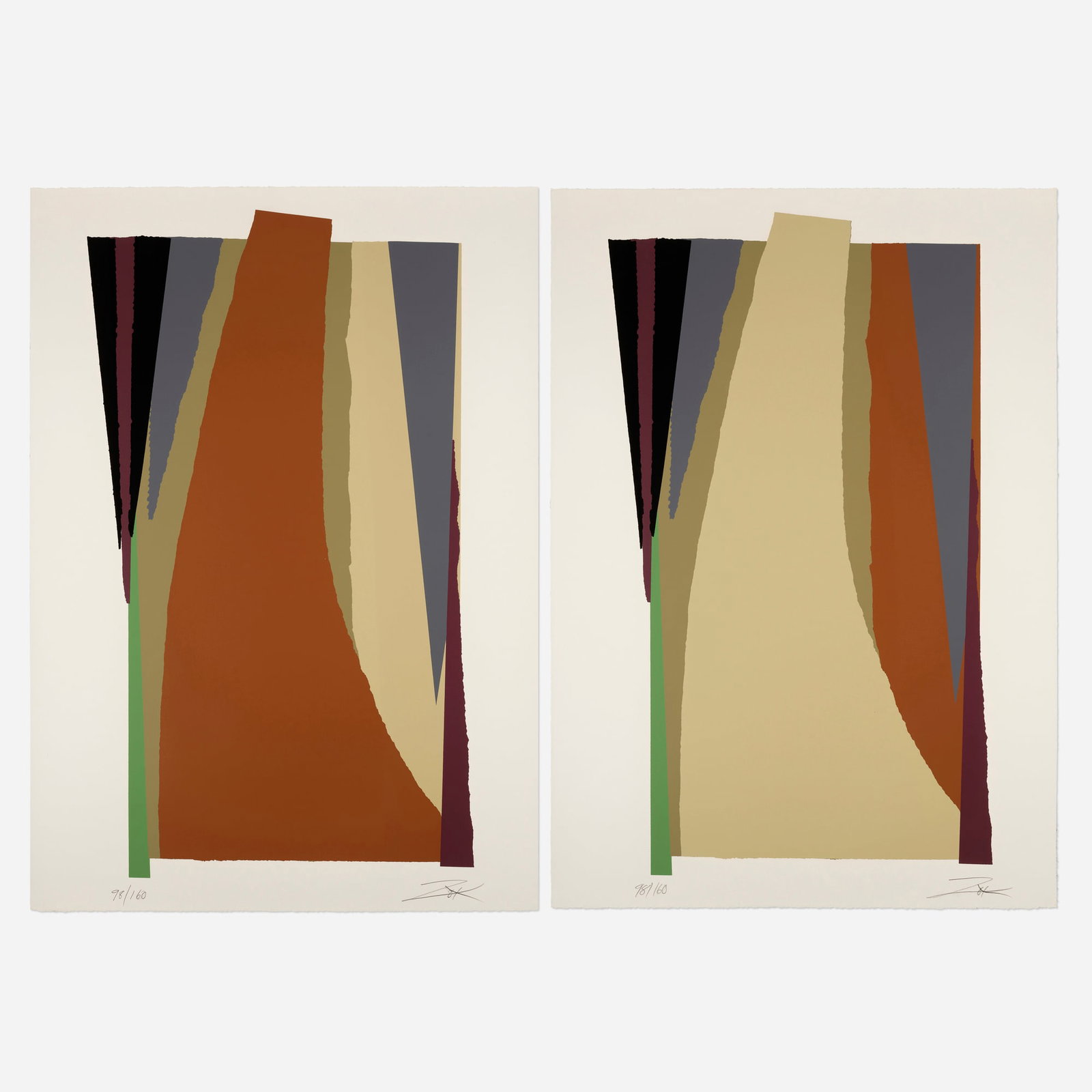 Larry Zox, Crow Slab I; Crow Slab II (two works): Larry Zox Crow Slab I; Crow Slab II (two works) 1979, 1980 screenprint in colors each: 42.375 h x 29.875 w in (108 x 76 cm) Signed and numbered to lower edge of each work '98/160 Zox' with embo