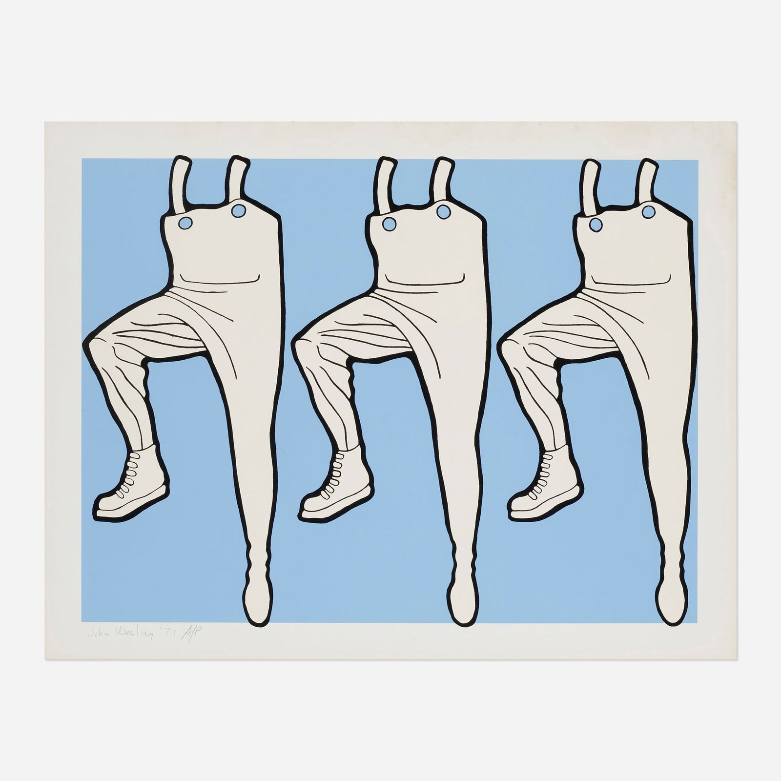John Wesley, What's Going on in the Halls: John Wesley What's Going on in the Halls 1971screenprint in colors image: 12 h x 16 w in (30 x 41 cm) sheet: 13.875 h x 18 w in (35 x 46 cm) Signed, dated and numbered to lower edge 'John W