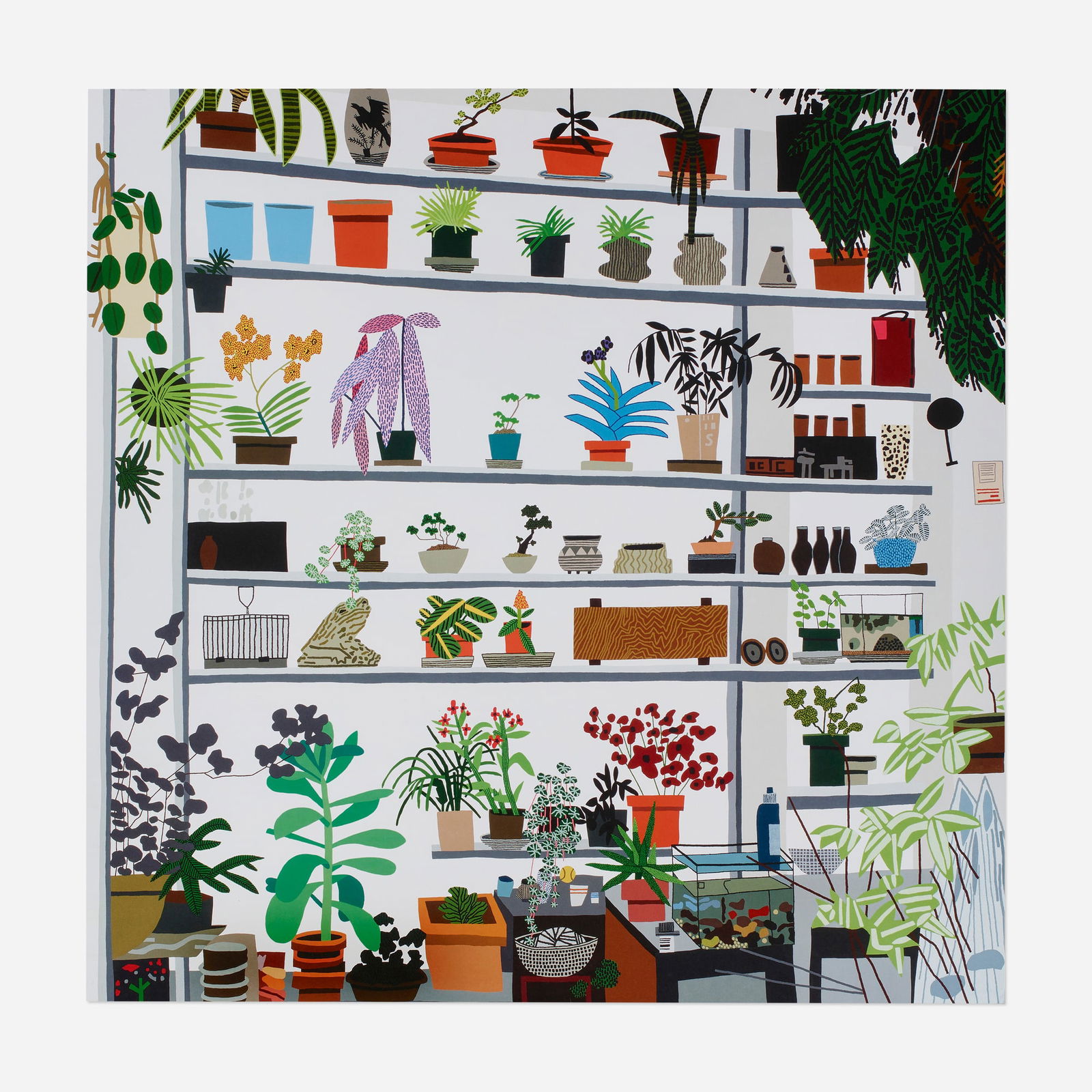 Jonas Wood, Large Shelf Still Life: Jonas Wood Large Shelf Still Life 2017offset lithograph in colors 22.875 h x 23 w in (58 x 58 cm) This work is from an unnumbered edition published in conjunction with the exhibition Shio K