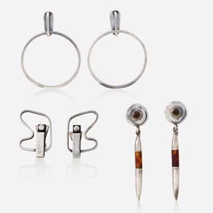 Modernist sterling silver earrings: Modernist Three pairs of sterling silver earrings Comprising a pair of hoop earrings by Paul Lobel; a pair of abstract earrings by Everett MacDonald; and a pair of earrings set with tortoise shell by