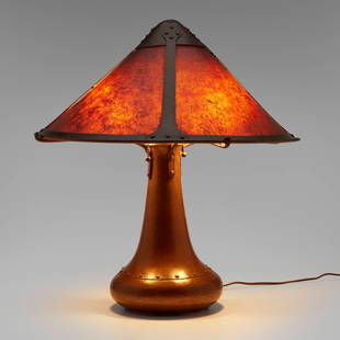 Dirk van Erp, Table lamp: Dirk van Erp Table lamp USA, c. 1914 handwrought copper, mica 20 h x 19 dia in (51 x 48 cm) Impressed open-box windmill mark to underside 'Dirk Van Erp'. Provenance: Rago, Early 20th C. Design,