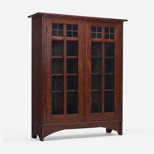 Harvey Ellis (attr) for Gustav Stickley, Bookcase: Harvey Ellis, attribution for Gustav Stickley Bookcase, model 702 USA, c. 1907 oak, leaded glass 58 h x 48 w x 14 d in (147 x 122 x 36 cm) Bookcase features two doors concealing eight adjustable