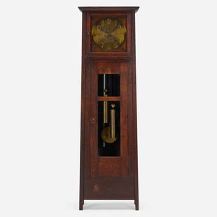 Gustav Stickley, Early case clock, model 3: Gustav Stickley Early case clock, model 3 USA, c. 1902 oak, glass, brass, copper, enameled metal 71.25 h x 21.5 w x 13.25 d in (181 x 55 x 34 cm) Red manufacturer's decal to reverse 'Als Ik Kan