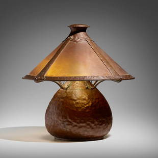 Dirk van Erp, Rare and Early Warty table lamp: Dirk van Erp Rare and Early Warty table lamp USA, c. 1911-12 handwrought copper, mica 18 h x 18 dia in (46 x 46 cm) Impressed closed-box windmill mark to underside of base 'Dirk van Erp'. 