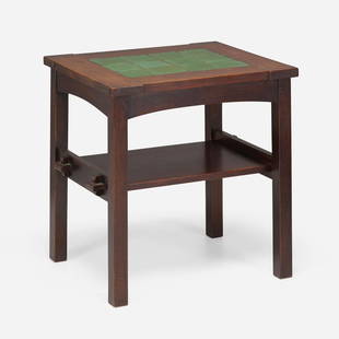 Gustav Stickley and Grueby, Early tea table: LaMont A. Warner, attribution for Gustav Stickley and Grueby Faience Company Early and Rare twelve-tile tea table USA, c. 1902oak, glazed tiles 26 h x 24.25 w x 20.5 d in (66 x 62 x 52 cm) The